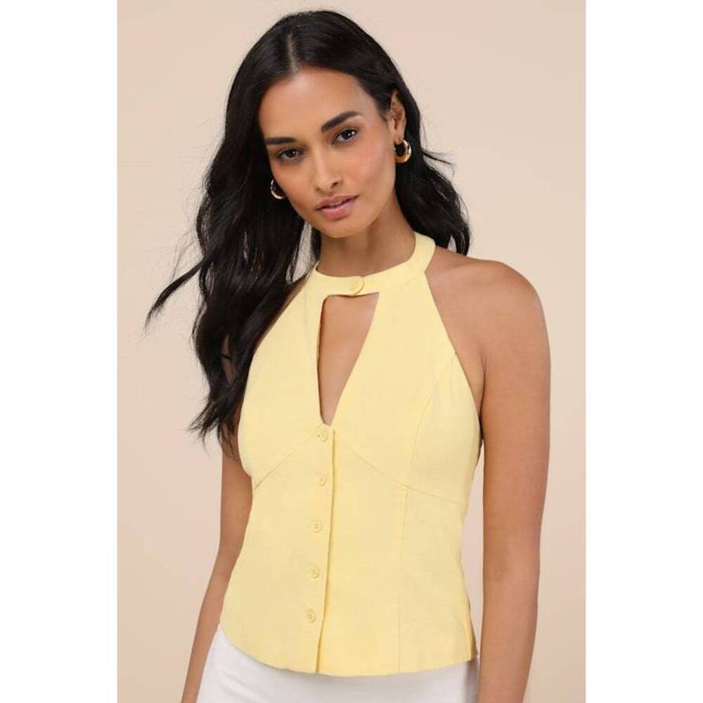 Lulus Pamula Light Yellow Halter Button-front Top - Size XS